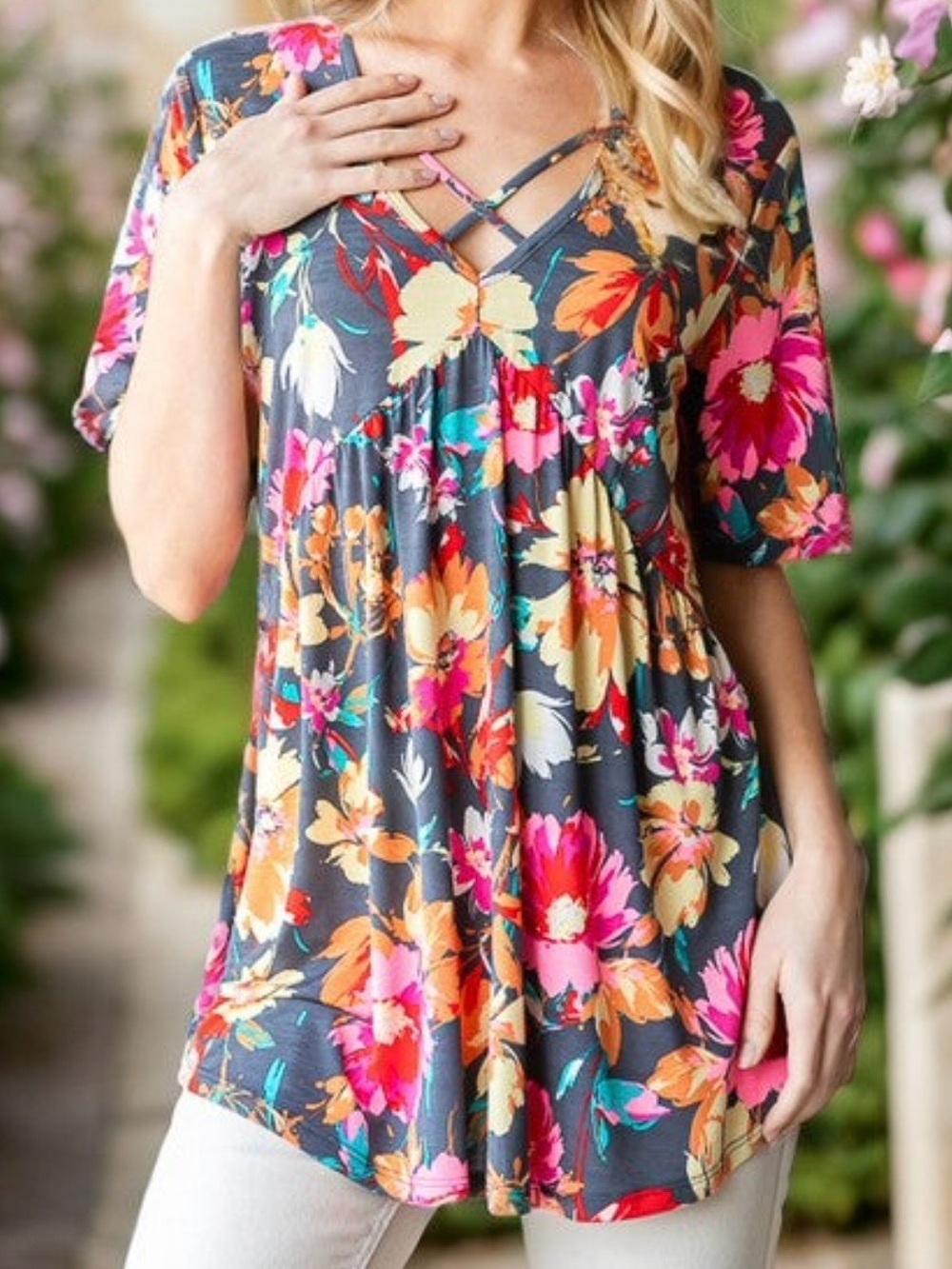 HEIMISH USA Gray Floral Crisscross V-Neck Tunic with Pink & Yellow Flowers 1X